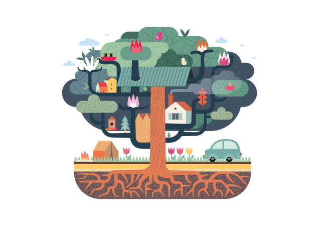 Oiseaux sur une cabane dans les arbres  Illustration