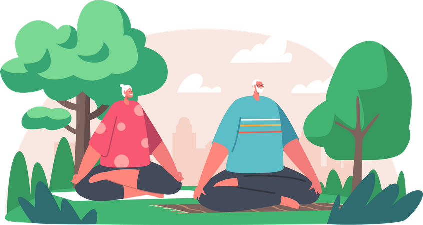 Old aged couple doing yoga in park  Illustration