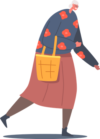 Old aged granny walking with handbag  Illustration