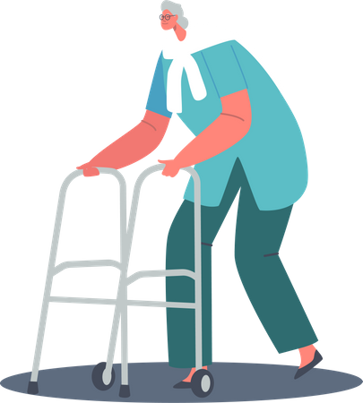 Old aged woman walking with the help of Front-wheeled Walker  イラスト