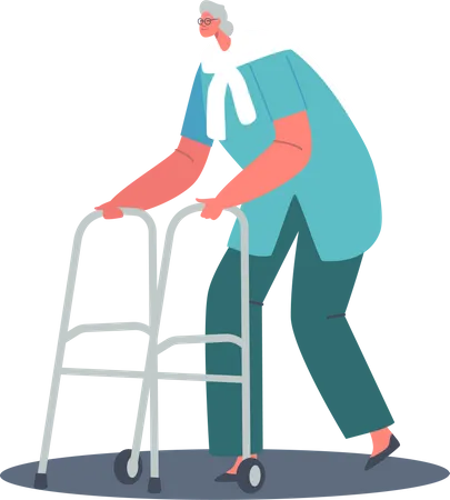 Old aged woman walking with the help of Front-wheeled Walker  イラスト