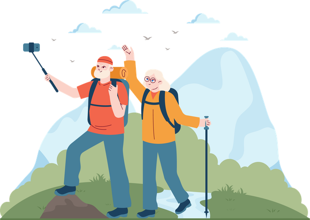 Old couple taking mobile selfie during hiking  Illustration