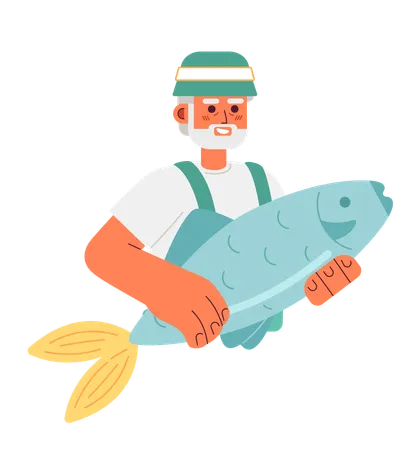 Old fisherman holding big fish  Illustration