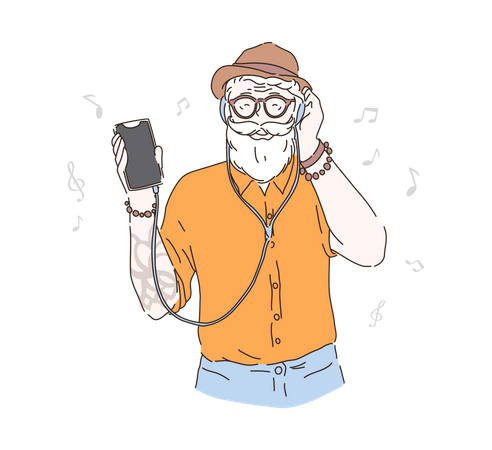 Old hipster listening to music  Illustration