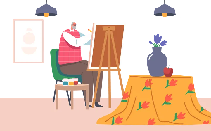 Old Male Painter painting on artboard  Illustration