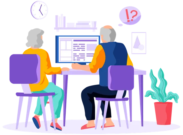 Old man and woman looking for information and surfing internet  Illustration