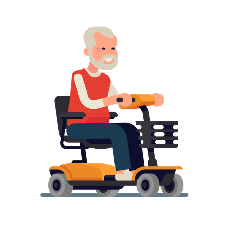 Old man riding a power chair with joystick controller on armrest  Illustration