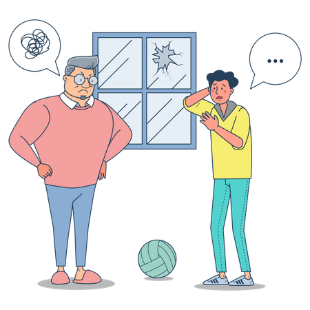 Old man scolding young boy for breaking window  Illustration