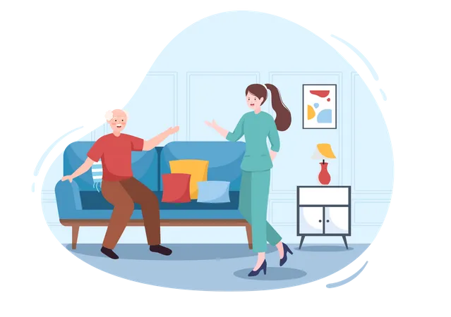 Old Man Seating On Couch and nurse taking care  Illustration