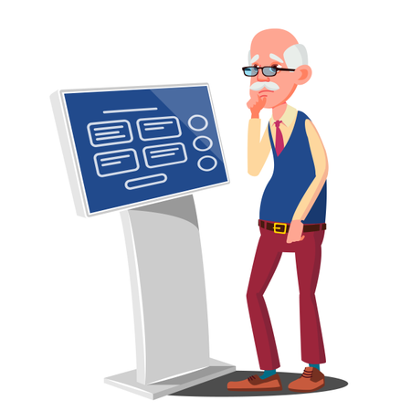 Old Man Using ATM, Digital Terminal Vector  Illustration