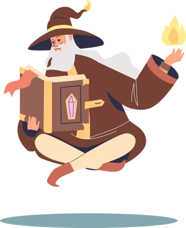 Old wizard sorcerer read spell book levitating  Illustration