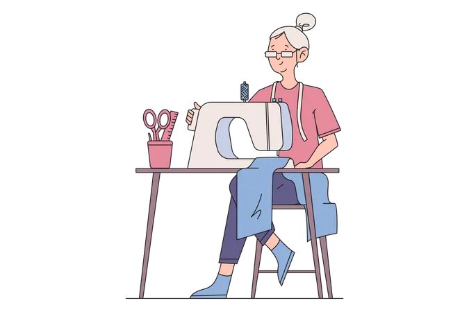 Old woman sew using sewing machine  イラスト