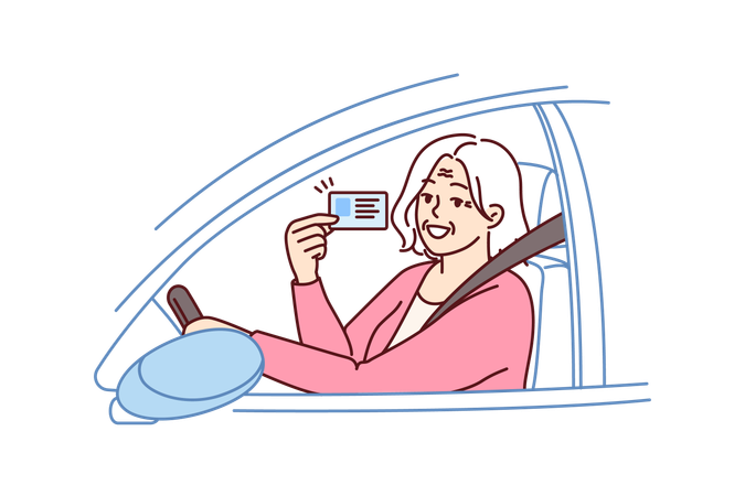 Old woman shows driving license  Illustration