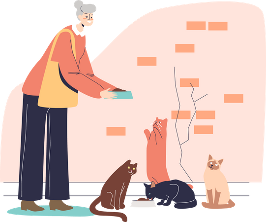 Older granny holding plate giving food for cats  Illustration