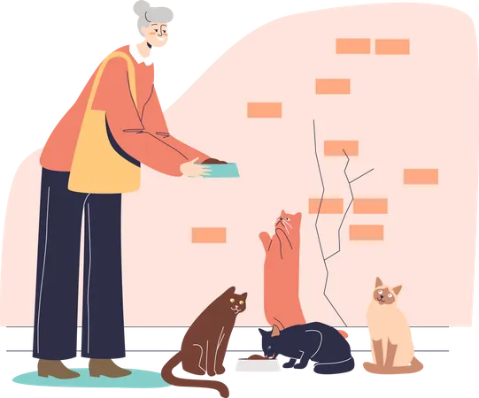 Older granny holding plate giving food for cats  Illustration