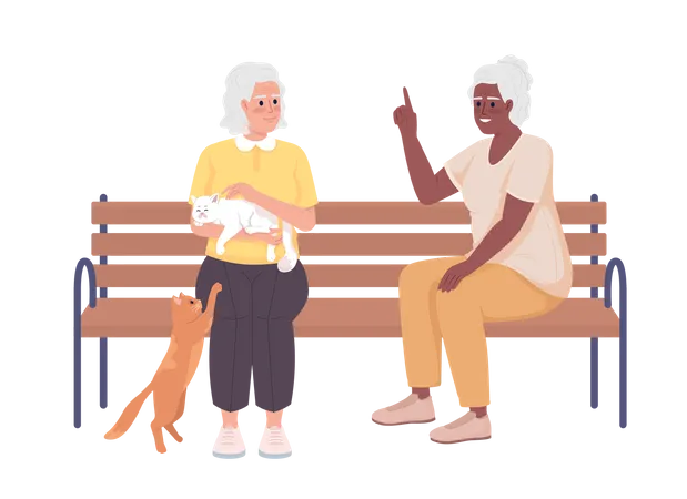 Older women talking and playing with cats  Illustration