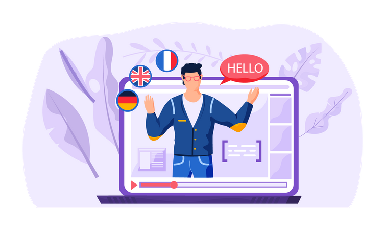 Online language courses on laptop screen  Illustration