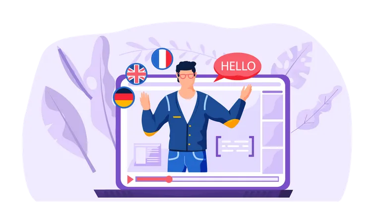 Online language courses on laptop screen  Illustration