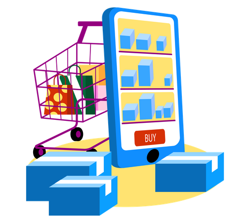 Online Shopping Cart with Mobile Device  Illustration