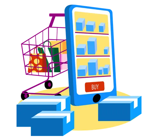 Online Shopping Cart with Mobile Device  Illustration