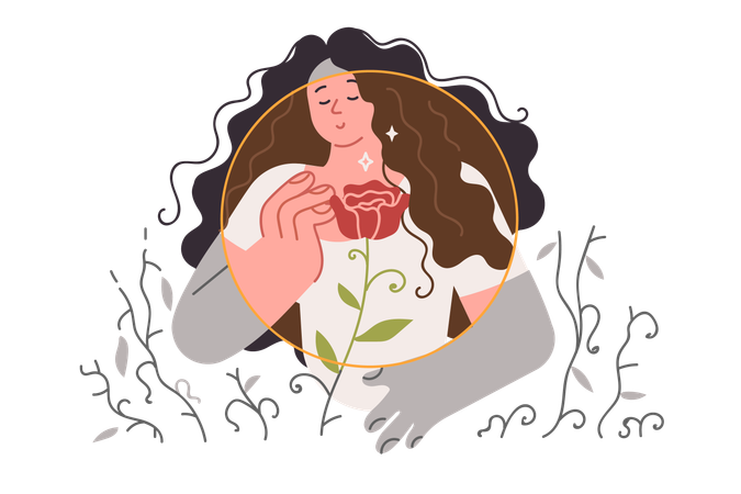 Optimist woman feels satisfaction and being in psychological comfort zone and smells flower  Illustration