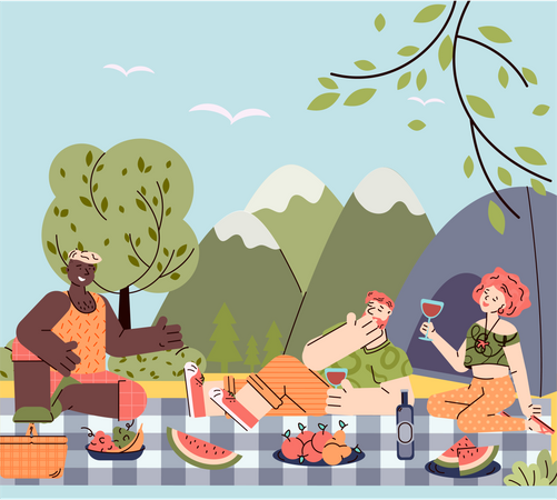 Outdoor picnic weekend with friends and barbecue  Illustration