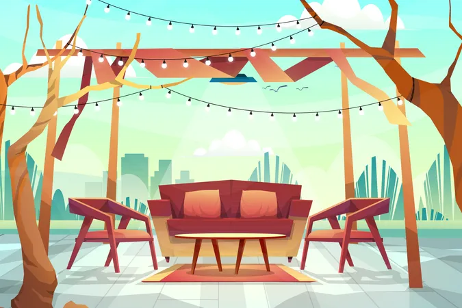 Outdoor scene of sofa with cous and table under lighting from ceiling  イラスト