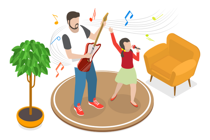 Padre e hija tocando música y cantando juntos.  Ilustración