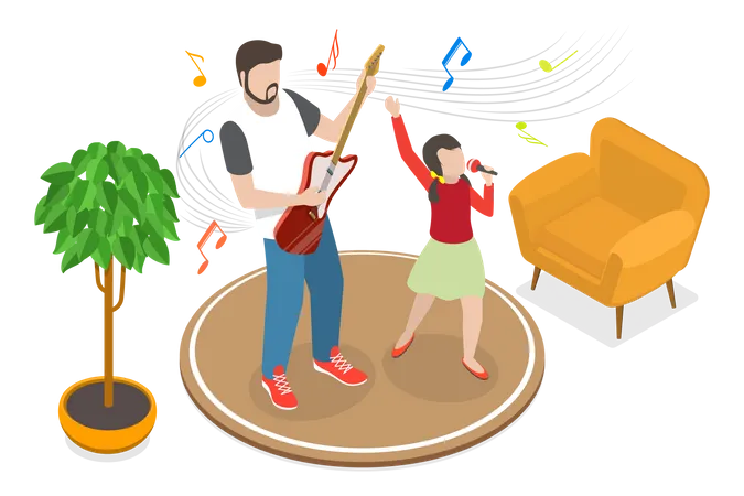 Padre e hija tocando música y cantando juntos.  Ilustración