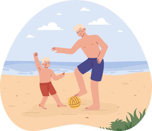 Padre e hijo jugando pelota de playa  Ilustración