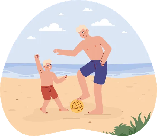 Padre e hijo jugando pelota de playa  Ilustración