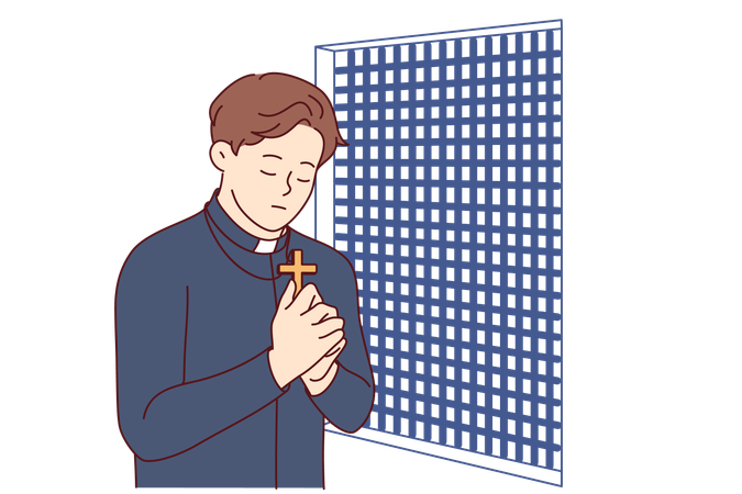 Padre prays and holds christian cross in hands standing in confession room asking god to atone  Illustration