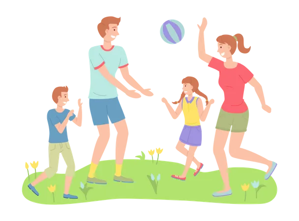 Los padres y el niño jugando a la pelota al aire libre.  Ilustración