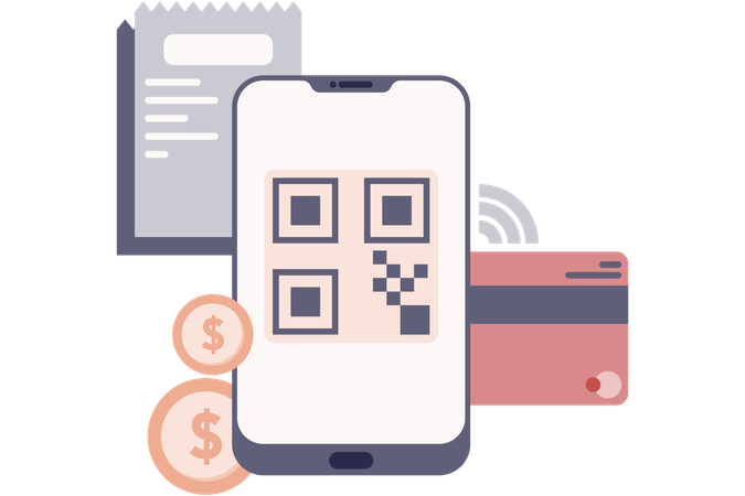 Pago digital en teléfono inteligente con código qr  Ilustración