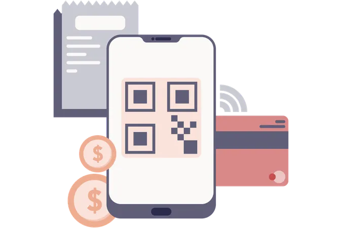 Pago digital en teléfono inteligente con código qr  Ilustración