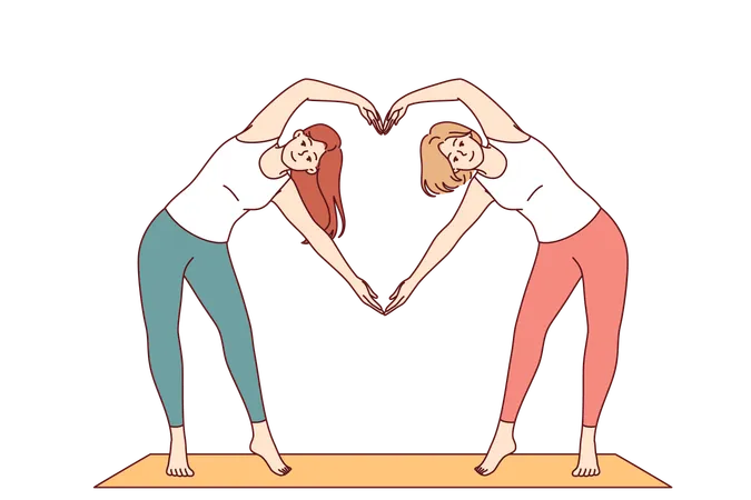 Paired yoga of two women doing pilates standing on sports mat and making heart sign from hands  Illustration