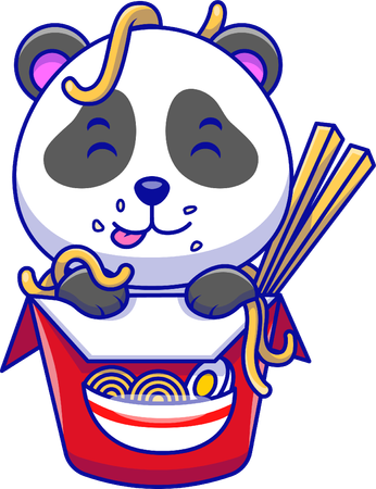 Panda en una taza de fideos ramen  Ilustración