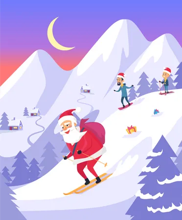 Papai Noel com bolsa deslizando pelas montanhas nevadas  Ilustração