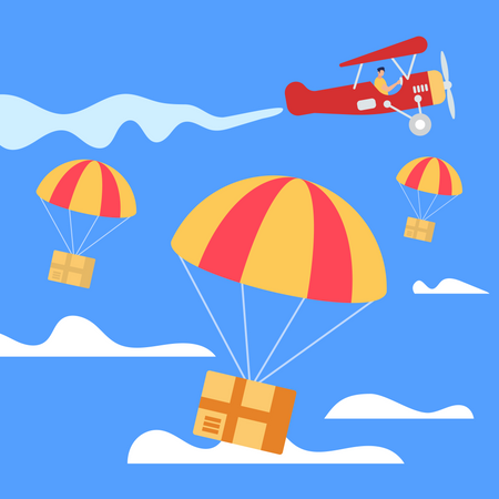 Parachutes with Boxes Falling Down from Airplane  Illustration