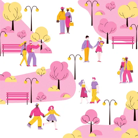 Parc urbain romantique avec des couples de dessins animés marchant ensemble  Illustration