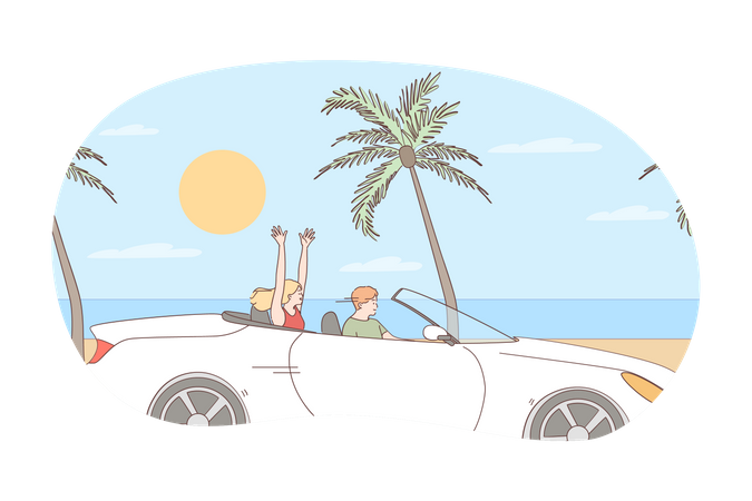 Pareja disfrutando de un paseo en coche en la playa  Ilustración