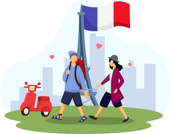 Pareja disfrutando de vacaciones en Francia  Ilustración