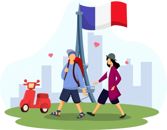 Pareja disfrutando de vacaciones en Francia  Ilustración