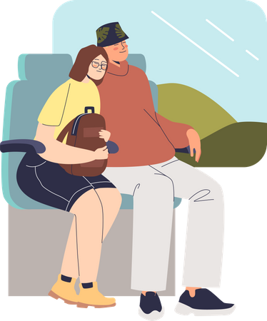 Pareja durmiendo en el tren mientras viaja  Ilustración