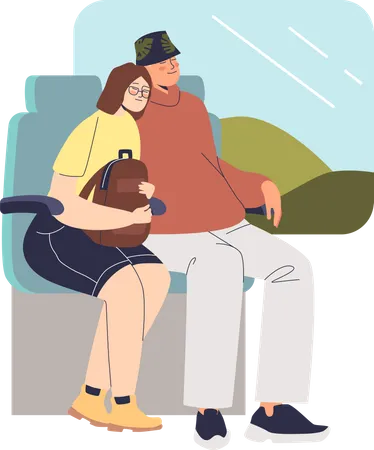 Pareja durmiendo en el tren mientras viaja  Ilustración