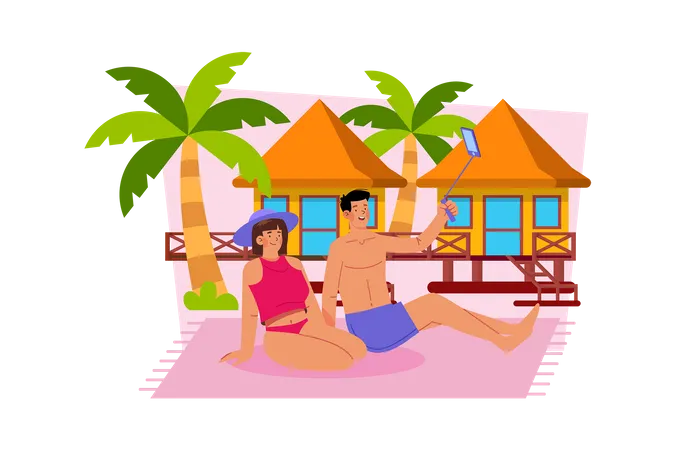 Pareja elige un tranquilo resort para relajarse  Ilustración