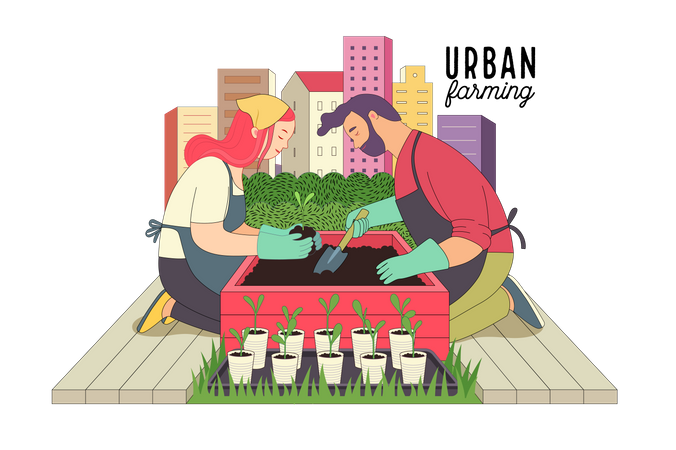 Pareja haciendo agricultura urbana y jardinería.  Ilustración