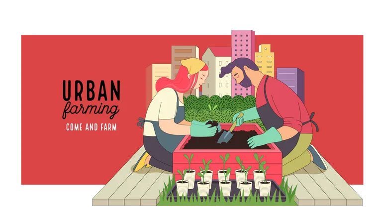 Pareja haciendo agricultura urbana y jardinería.  Ilustración