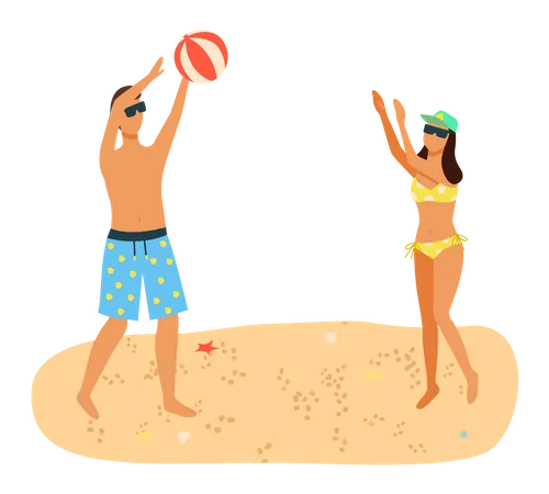 Pareja joven jugando pelota de playa en la playa  Ilustración