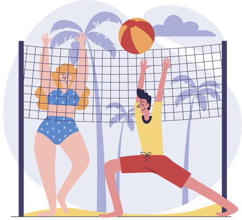 Pareja jugando voleibol en la playa durante las vacaciones de verano  Ilustración